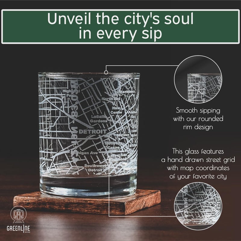 Greenline Goods Whiskey Glasses - 10 Oz Tumbler Set for Detroit, Michigan lovers, Etched with Detroit Map Old Fashioned Rocks Glass - Set of 2 - Image 4